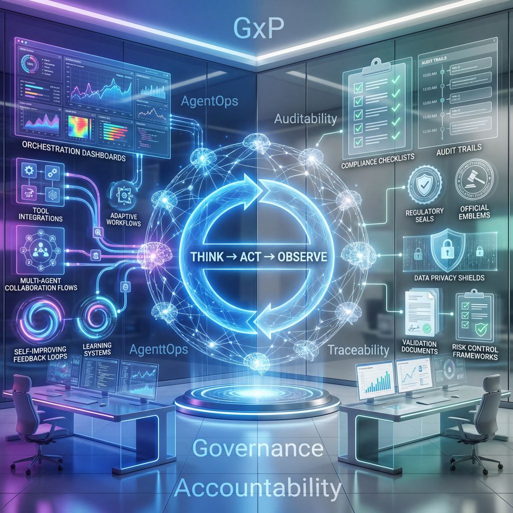 Agentic AI Think-Act-Observe loop with GxP governance, auditability, and compliance controls visualization