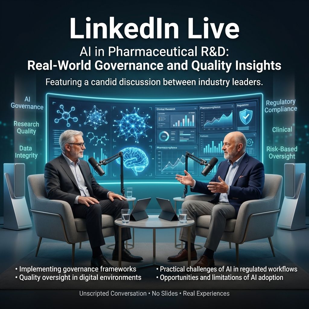 LinkedIn Live on AI governance in pharma R&D covering quality oversight, compliance, data integrity and risk control