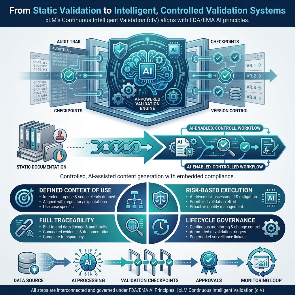 AI-powered validation workflow showing audit trails, risk-based execution, traceability, and lifecycle governance.