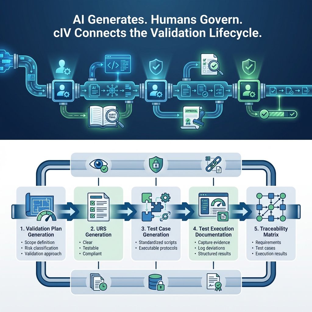 AI-powered validation workflow showing audit trails, risk-based execution, traceability, and lifecycle governance.
