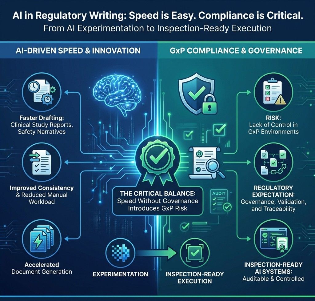 AI in regulatory writing showing speed benefits vs GxP compliance risks and inspection-ready governance.