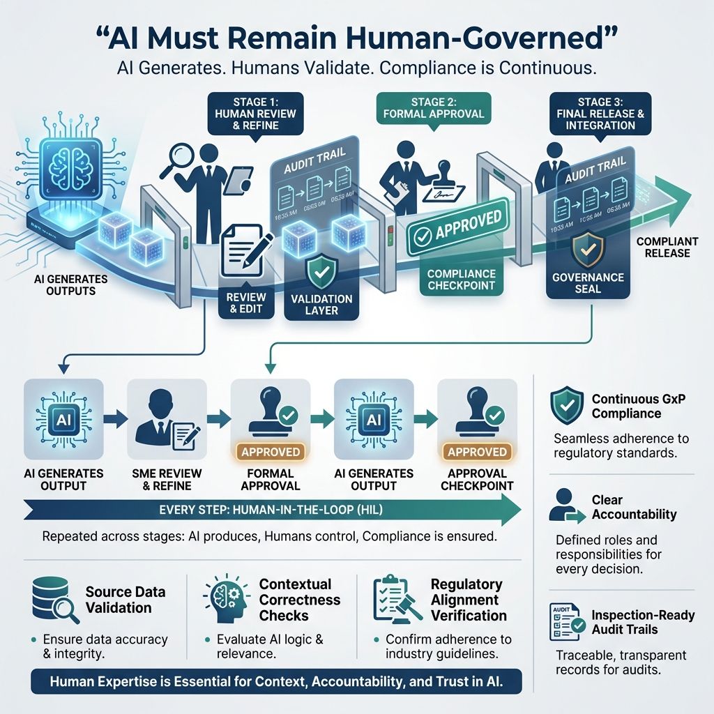 AI validation lifecycle showing plan, URS, test cases, execution, and traceability in controlled workflow.