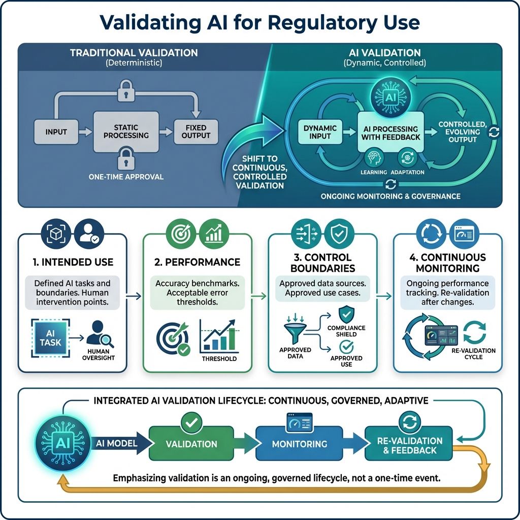 AI validation in GxP showing intended use, performance, control boundaries, and continuous monitoring lifecycle