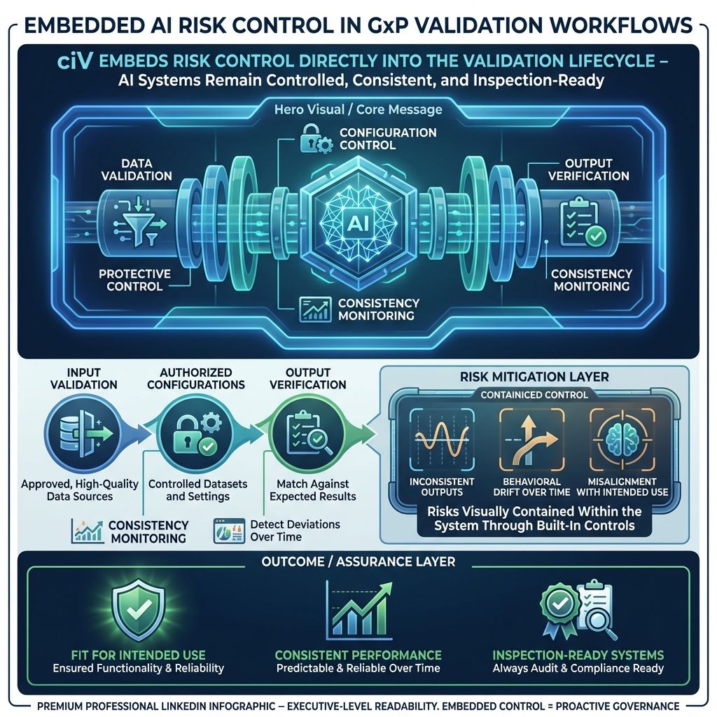Embedded AI risk control in GxP validation showing data validation, output verification, and compliance monitoring