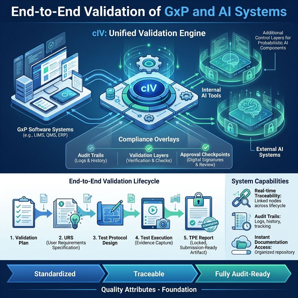 End-to-end GxP and AI validation with cIV showing traceability, audit trails, and compliance lifecycle