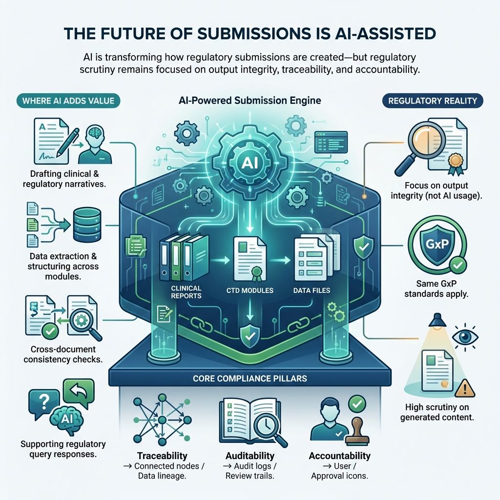 AI-assisted regulatory submissions with traceability, auditability, and accountability in GxP compliance workflows