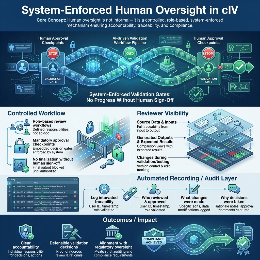System-enforced human oversight in cIV with validation gates, audit trails, and role-based approval workflows