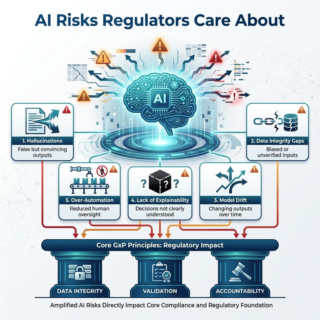 AI risks in GxP including hallucinations, model drift, and data integrity impacting compliance and validation