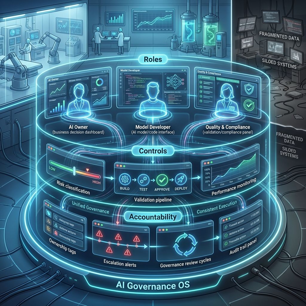 AI governance framework with roles, controls, risk classification, validation, and GxP compliance workflo