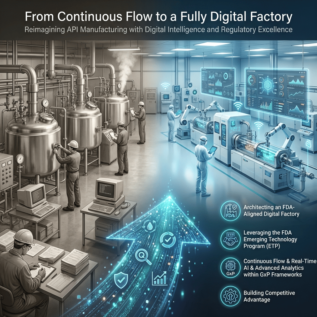 API manufacturing shift from batch to digital factory with continuous flow, AI, and FDA-aligned compliance