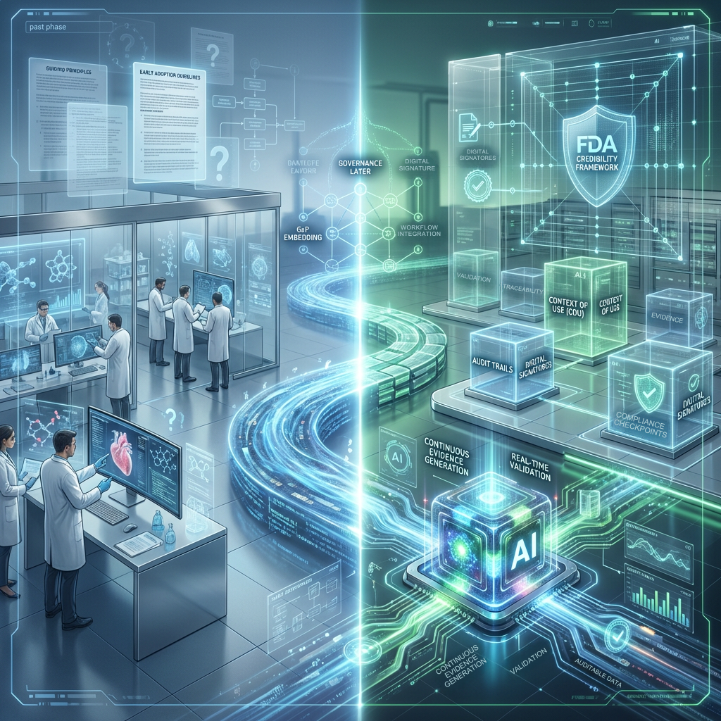 AI governance evolving to FDA credibility framework with GxP validation, traceability, and continuous evidence