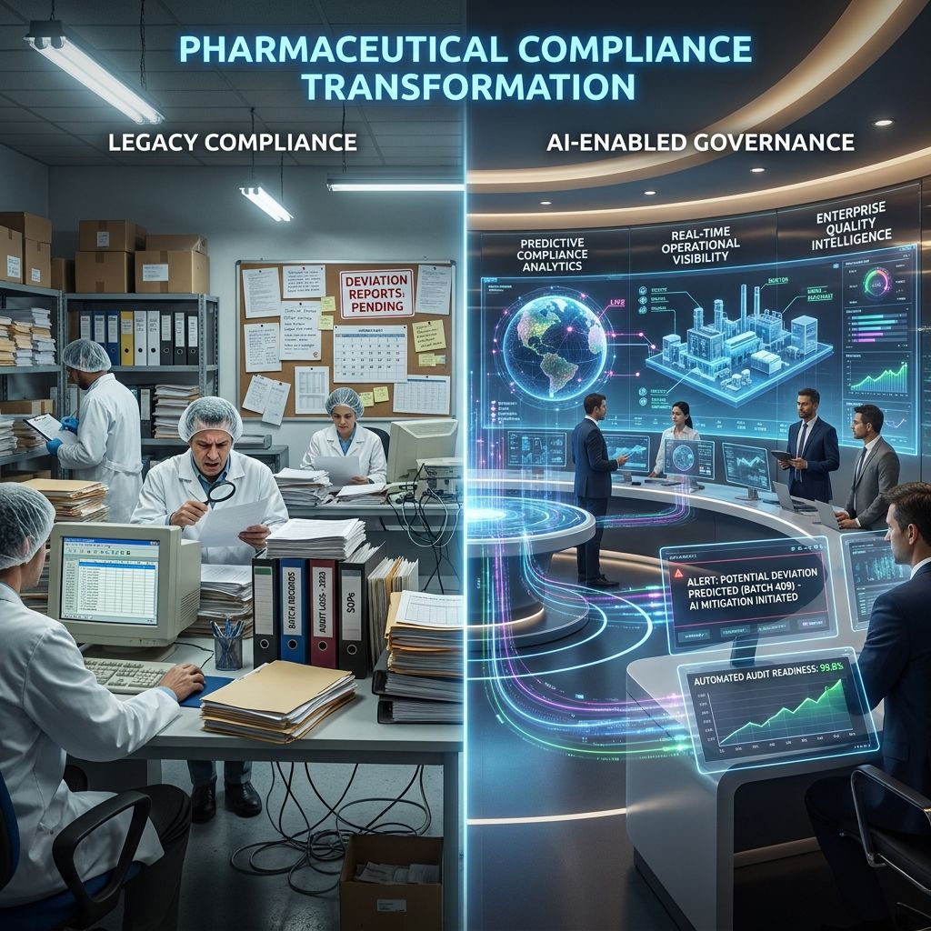 Traditional pharma compliance compared with AI-enabled governance and real-time Quality intelligence
