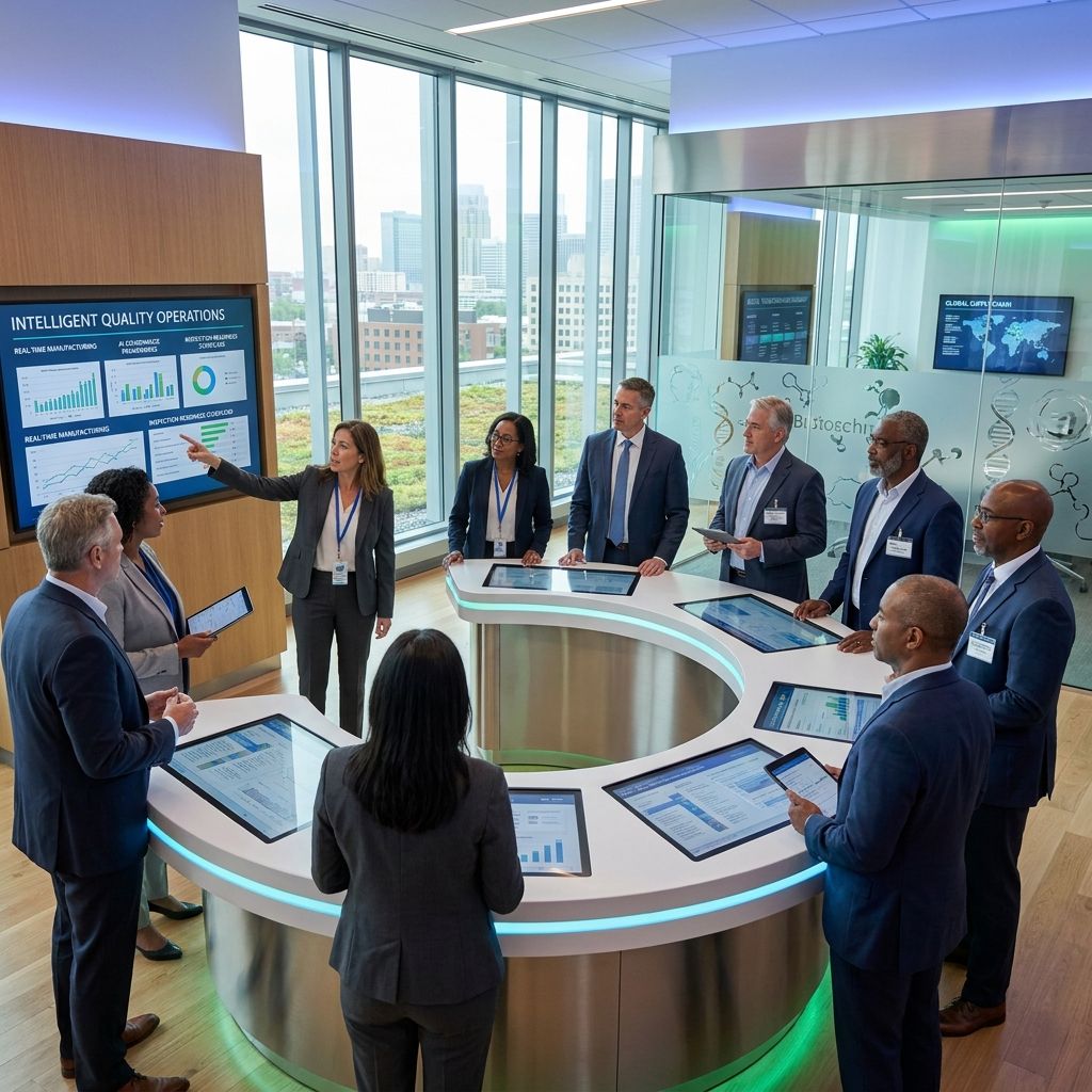Pharma executives reviewing AI-driven Quality operations and compliance intelligence dashboards