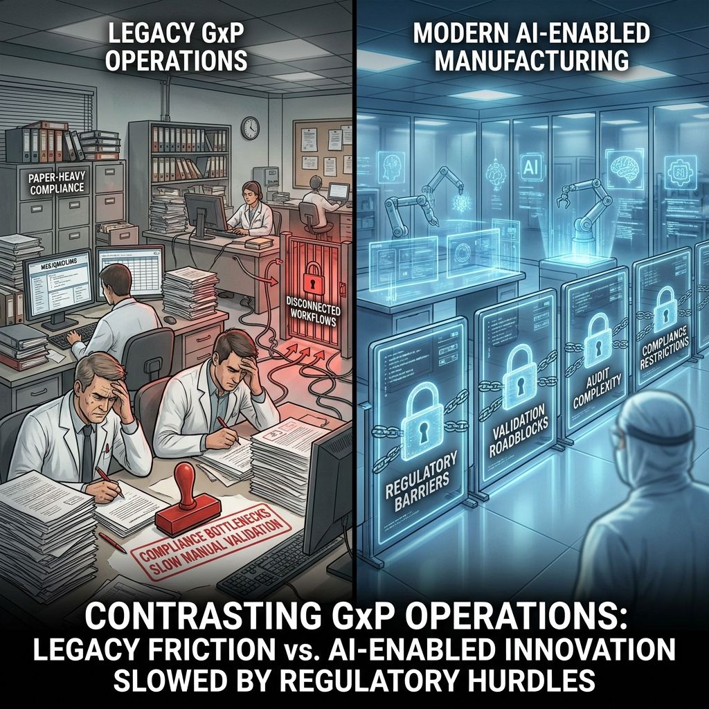 Comparison of legacy GxP operations and AI-enabled manufacturing in regulated pharma environments