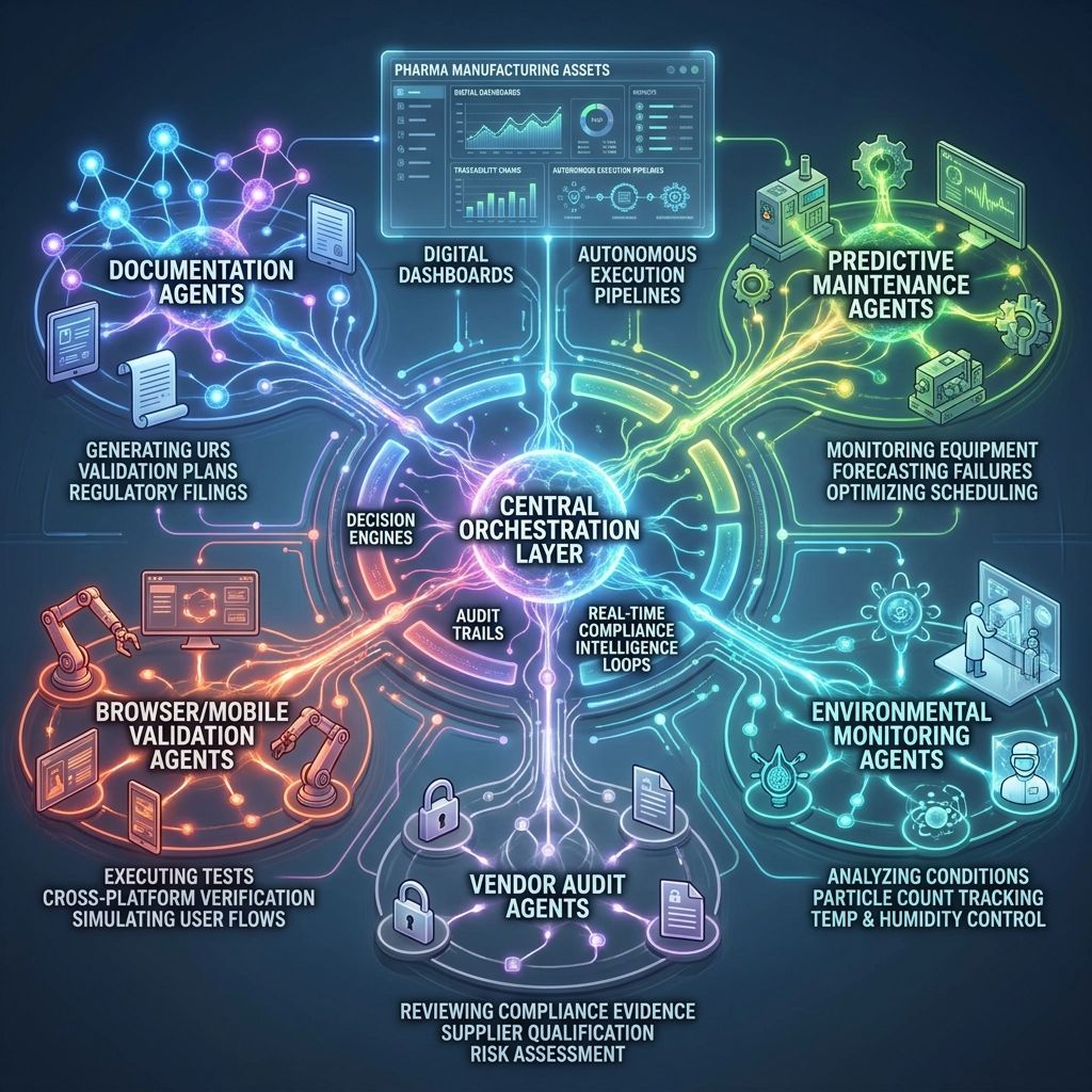 ContinuousOS AI agents orchestrating validation, compliance, monitoring, and predictive maintenance