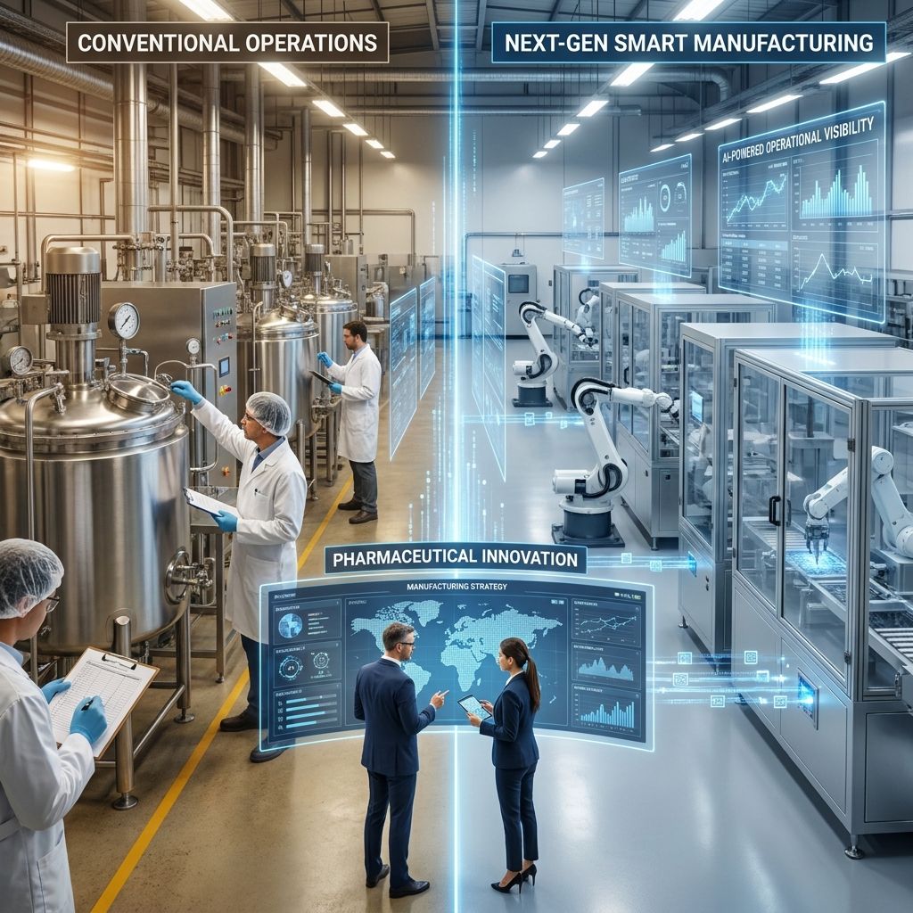 Comparison of conventional pharma operations and AI-powered smart manufacturing for operational excellence
