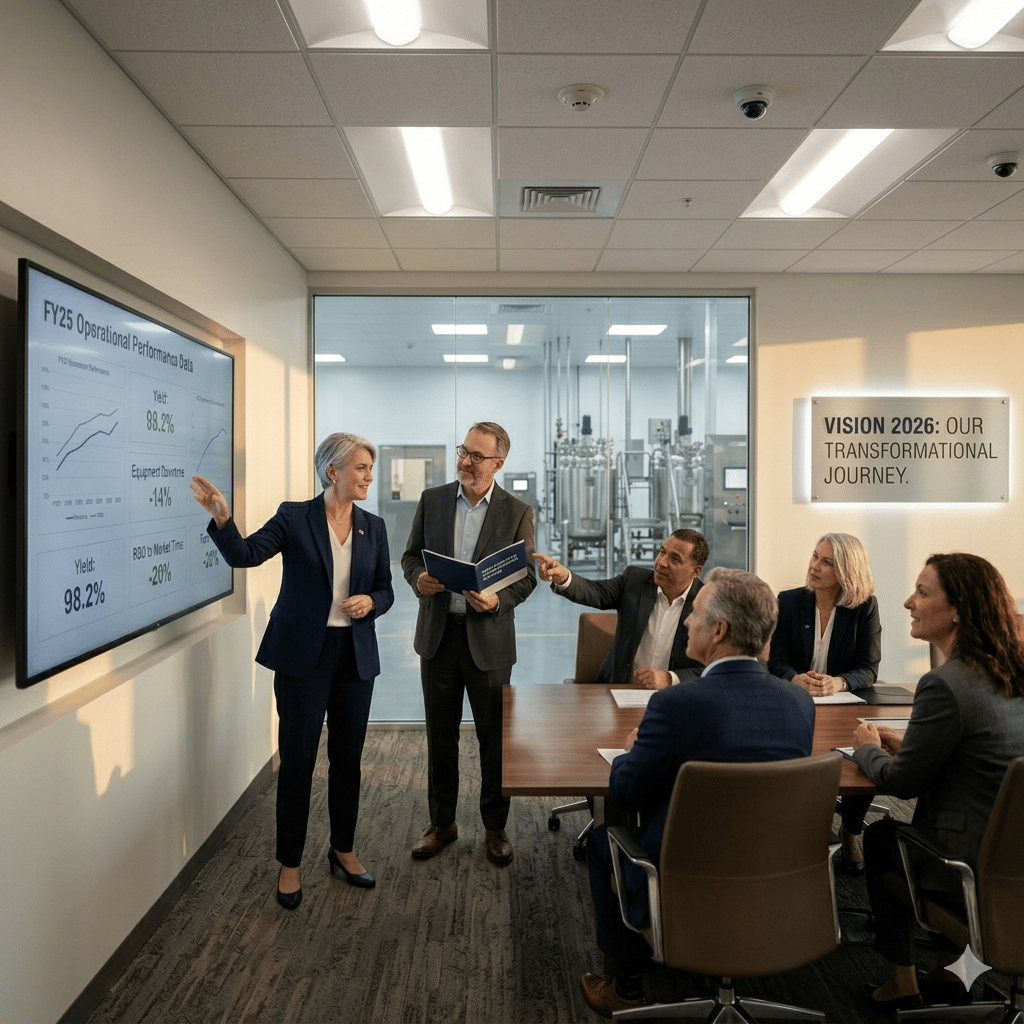 Biologics leaders reviewing operational performance, strategy, and manufacturing excellence