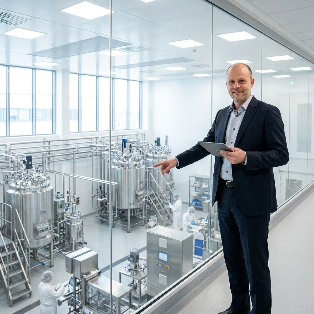 Biopharma leader reviewing biologics manufacturing operations and facility performance strategy