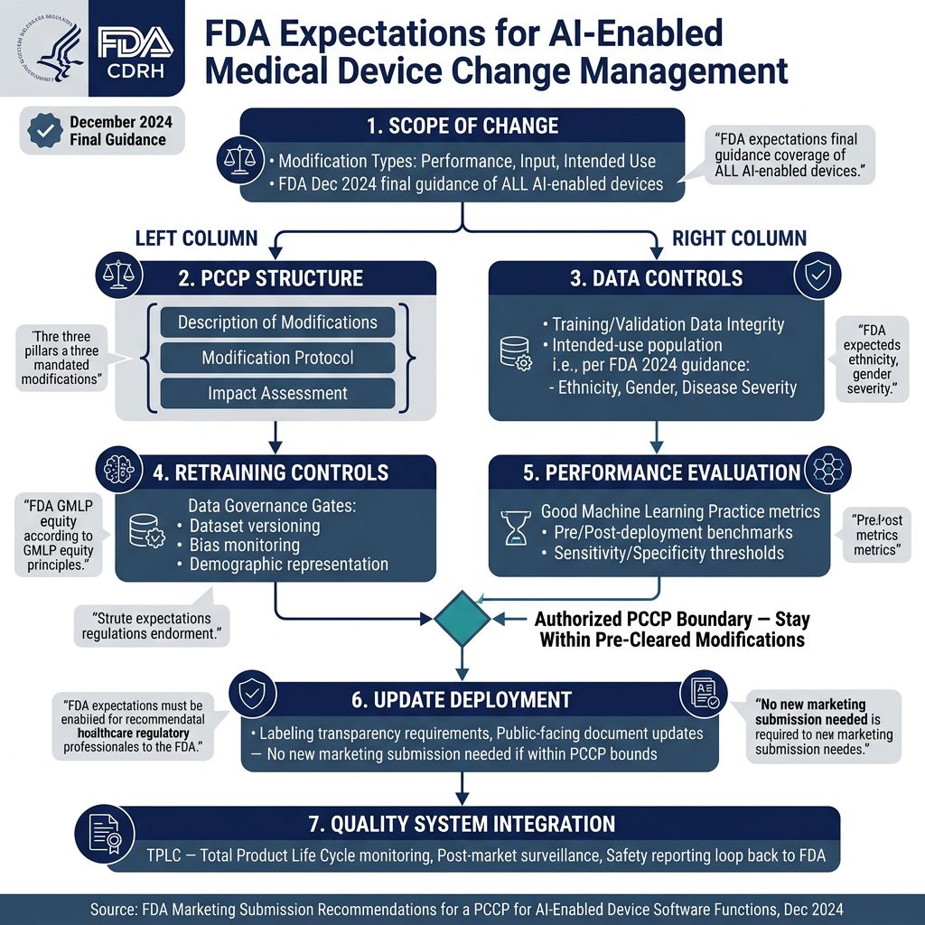 FDA PCCP guidance framework for AI-enabled medical device change management, continuous validation, and compliance.