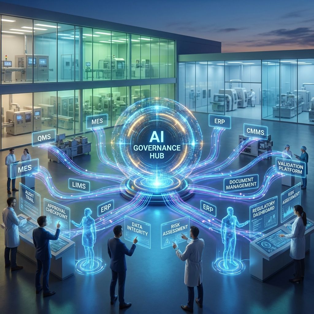 ContinuousOS AI Governance Hub connecting GxP systems for compliant pharmaceutical AI operations