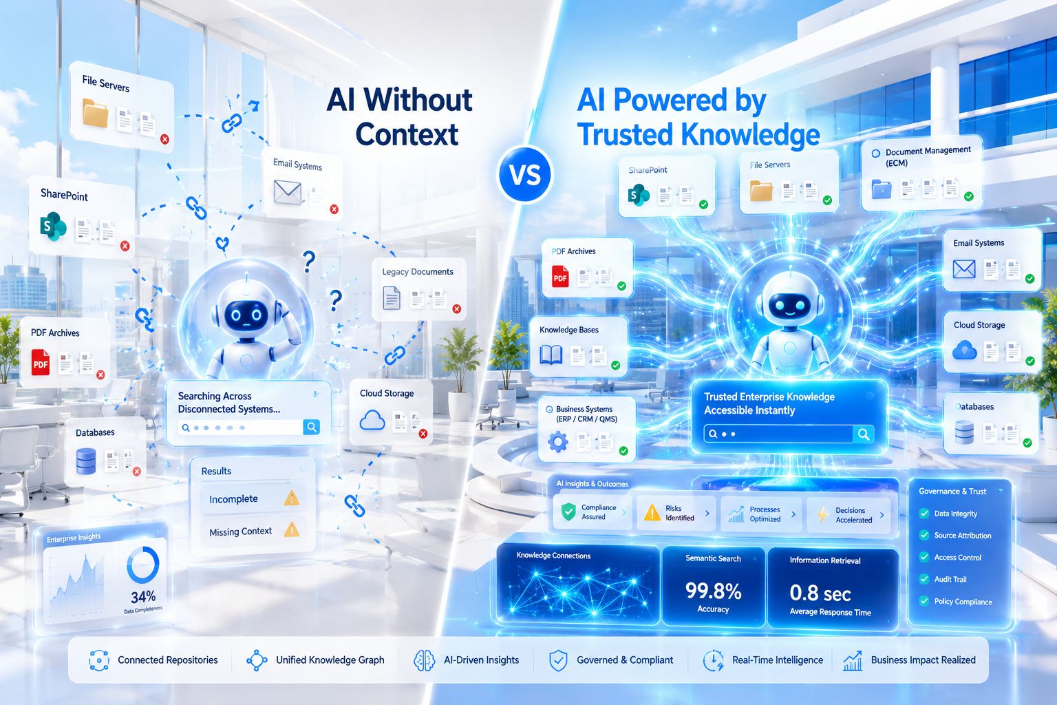 Comparison of AI without context and AI powered by trusted enterprise knowledge for governed enterprise AI.