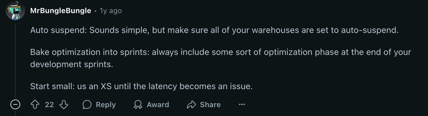 Screenshot of a Reddit comment urging teammates to set auto-suspend on all warehouses so idle seconds don’t burn credits.