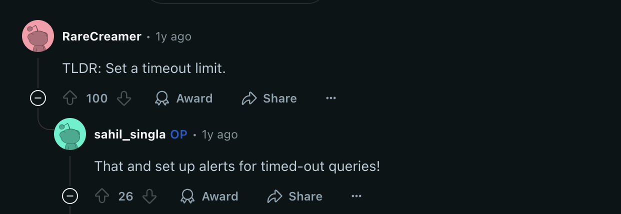 Reddit thread suggesting a one-hour statement-timeout to stop forgotten queries from running for days and racking up charges.