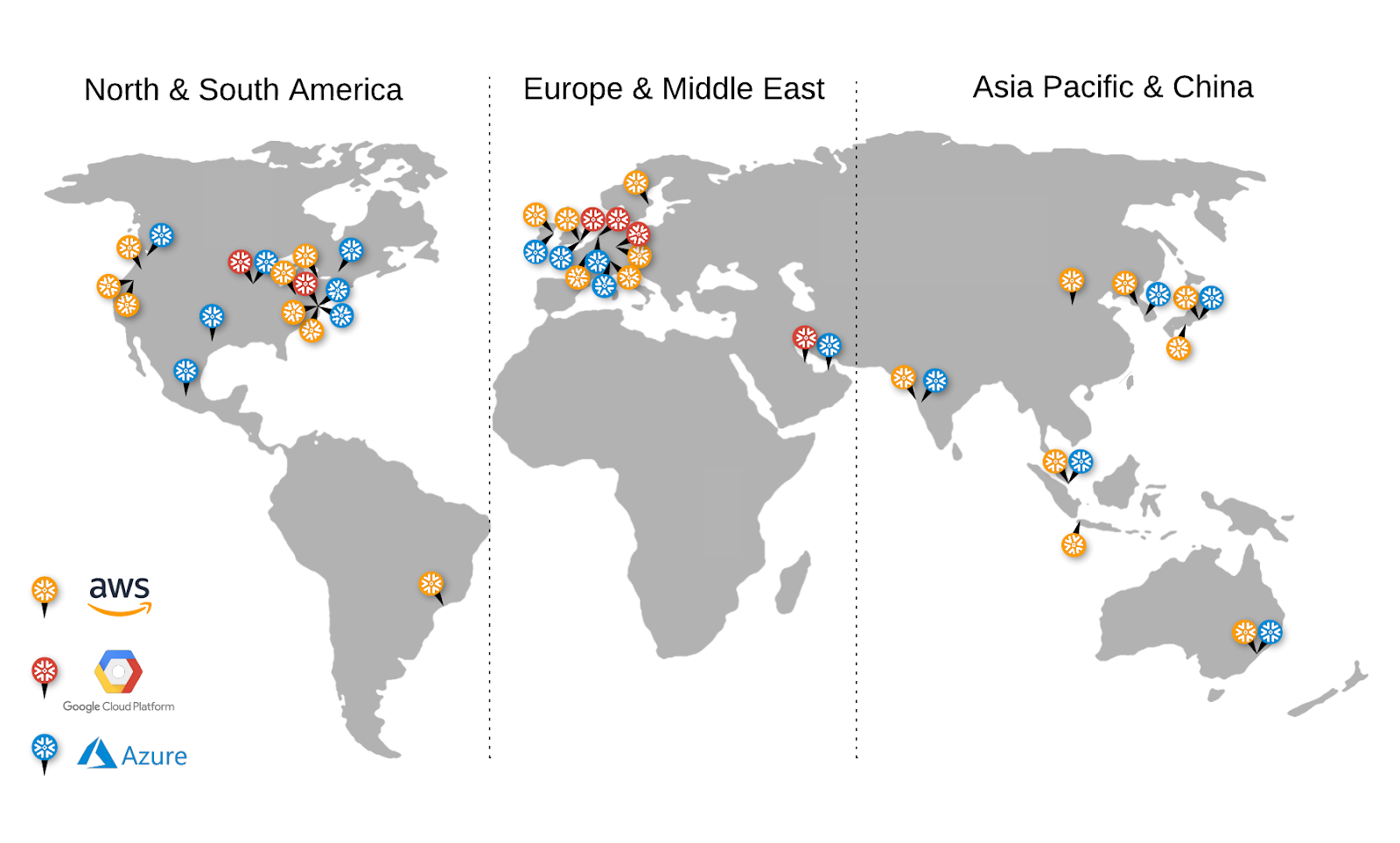 World map shaded to highlight Snowflake’s supported cloud regions across North America, Europe, Asia-Pacific, and the Middle East.‍