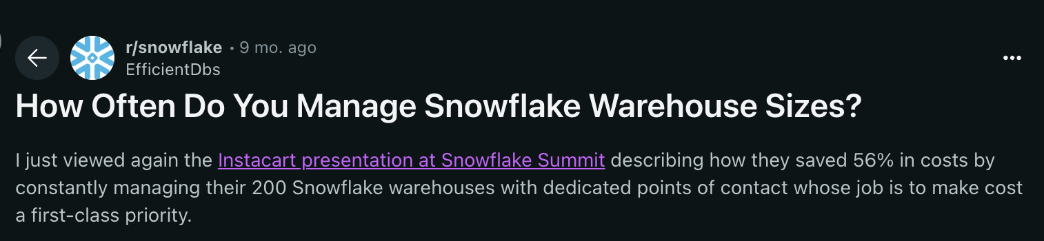 Alt text: Screenshot of a Reddit poll asking readers how frequently they tune Snowflake warehouse sizes (options: weekly, monthly, etc.).