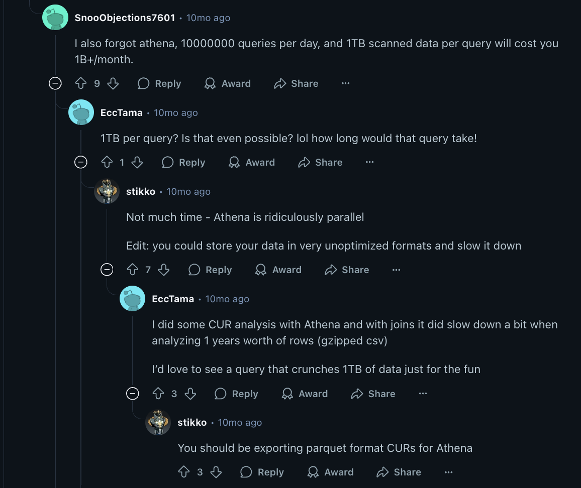 Screenshot of a Reddit discussion where users debate AWS Athena’s runaway costs, with one commenter stunned that scanning 1 TB per query could top a billion dollars a month.