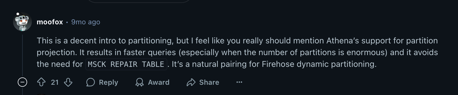 Screenshot of a Reddit comment advising that Athena’s partition projection beats manual MSCK REPAIR and speeds up massive tables.
