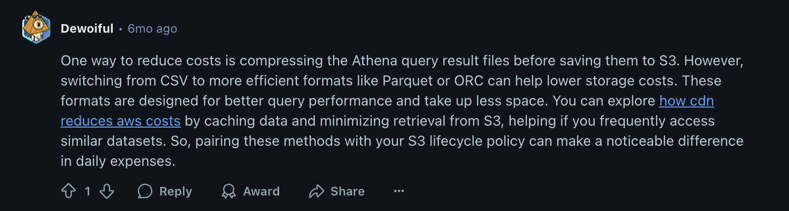 Screenshot of a Reddit comment recommending Parquet or ORC formats and S3 lifecycle policies to slash Athena result-file storage costs.