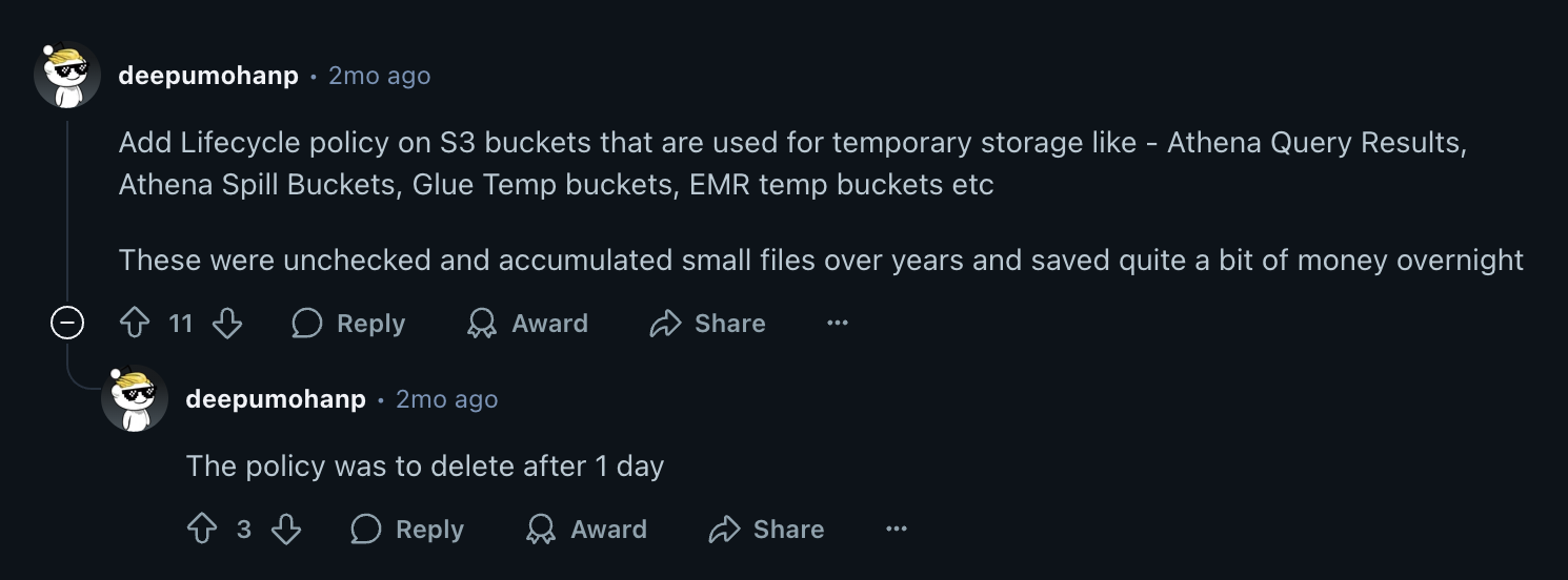 Screenshot of a Reddit exchange  explains adding a one-day delete policy on temporary Athena and EMR buckets, instantly lowering S3 spend.