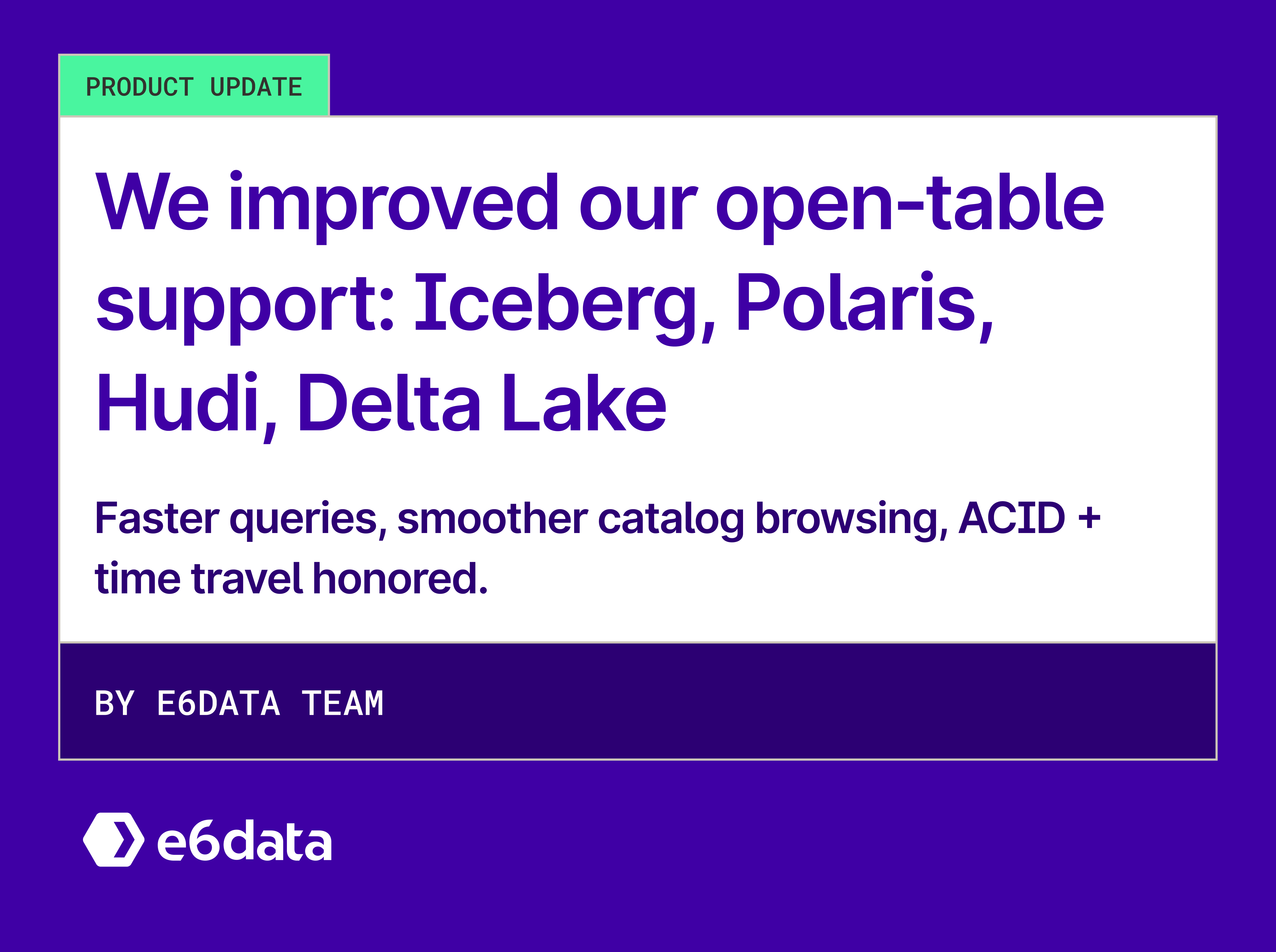 Polaris, Hudi, Delta Lake — read Iceberg/Hudi/Delta via Open/Glue/Polaris; browse catalogs; ACID + time travel (MoR)