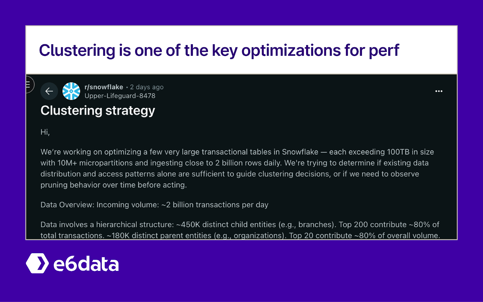 Reddit post discussing clustering strategies for Snowflake performance optimization. It’s one of the few levers you have to affect physical data layout in Snowflake’s otherwise fully managed storage.