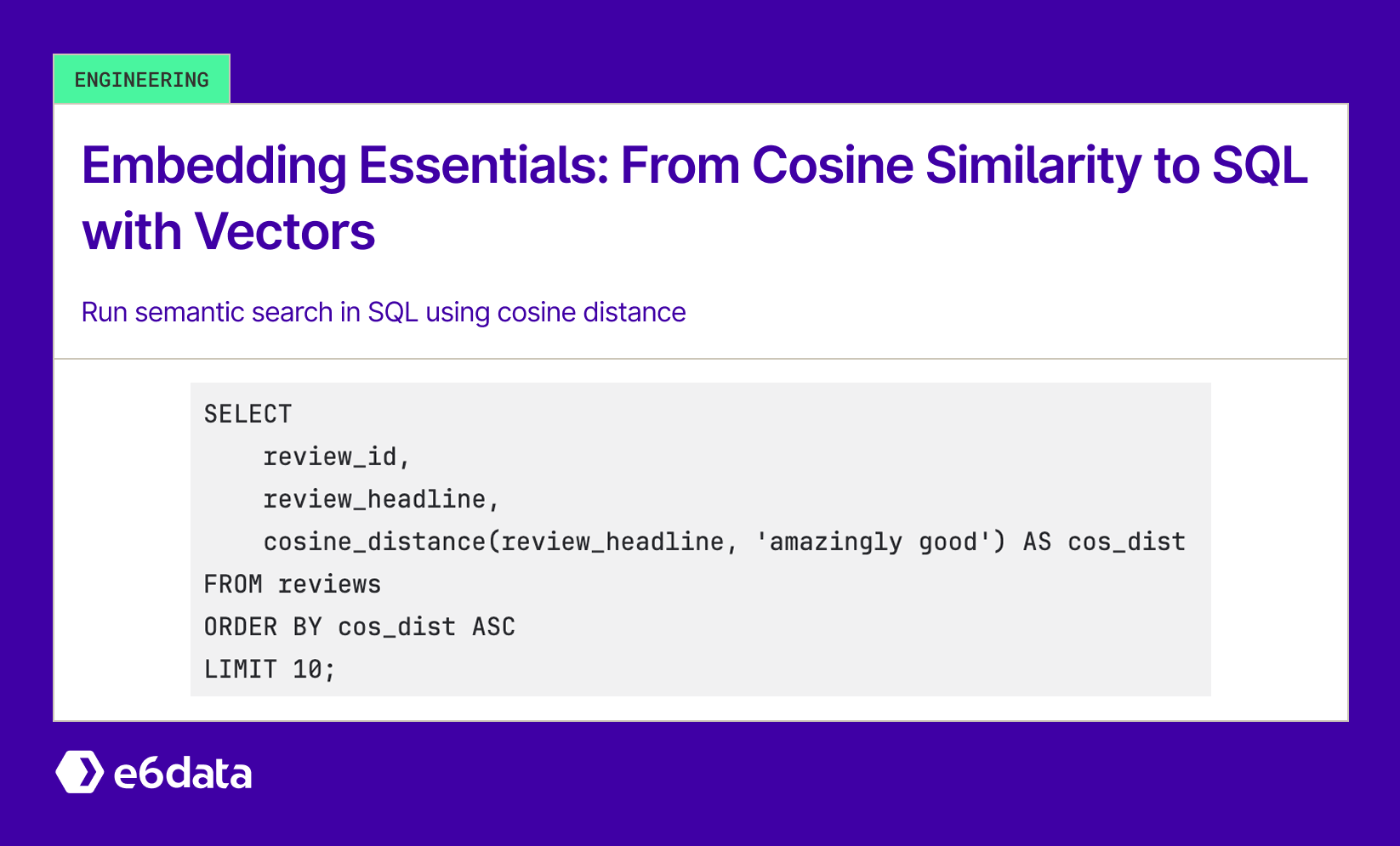 An image of a code using cosine distance for vector similarity search of keywords