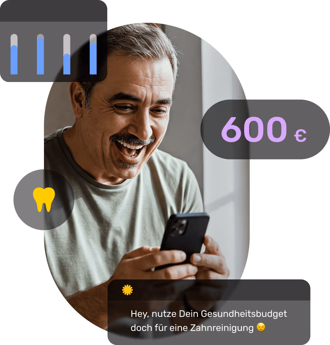 Smiling middle-aged man looking at his smartphone with dental health budget icons and message about using 600 euros for teeth cleaning.