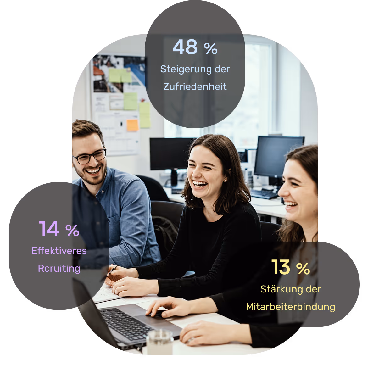 A group of people sitting around a laptop computer.