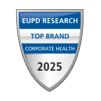 Silver shield badge with text: EUPD Research, Top Brand, Corporate Health, and 2025.