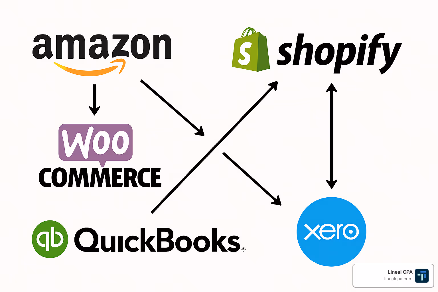 Whiz Consulting integration map showing connections between ecommerce platforms and accounting systems - ecommerce accounting services