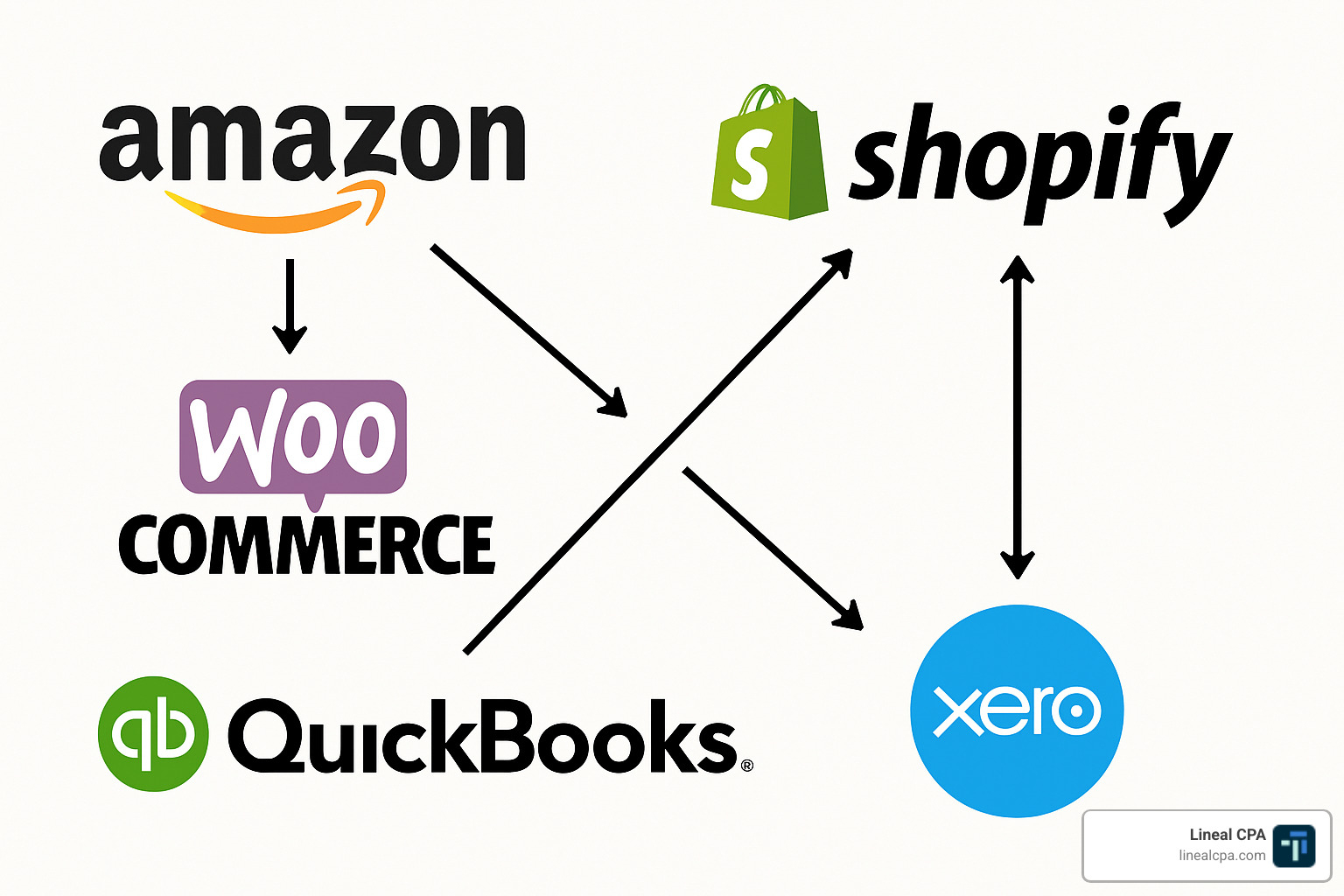 Whiz Consulting integration map showing connections between ecommerce platforms and accounting systems - ecommerce accounting services