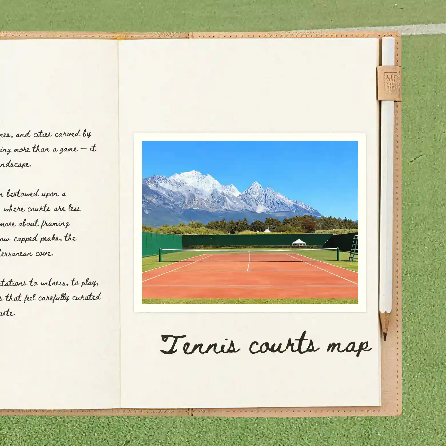 Red clay tennis court with green fencing and snow-capped mountains in the background.