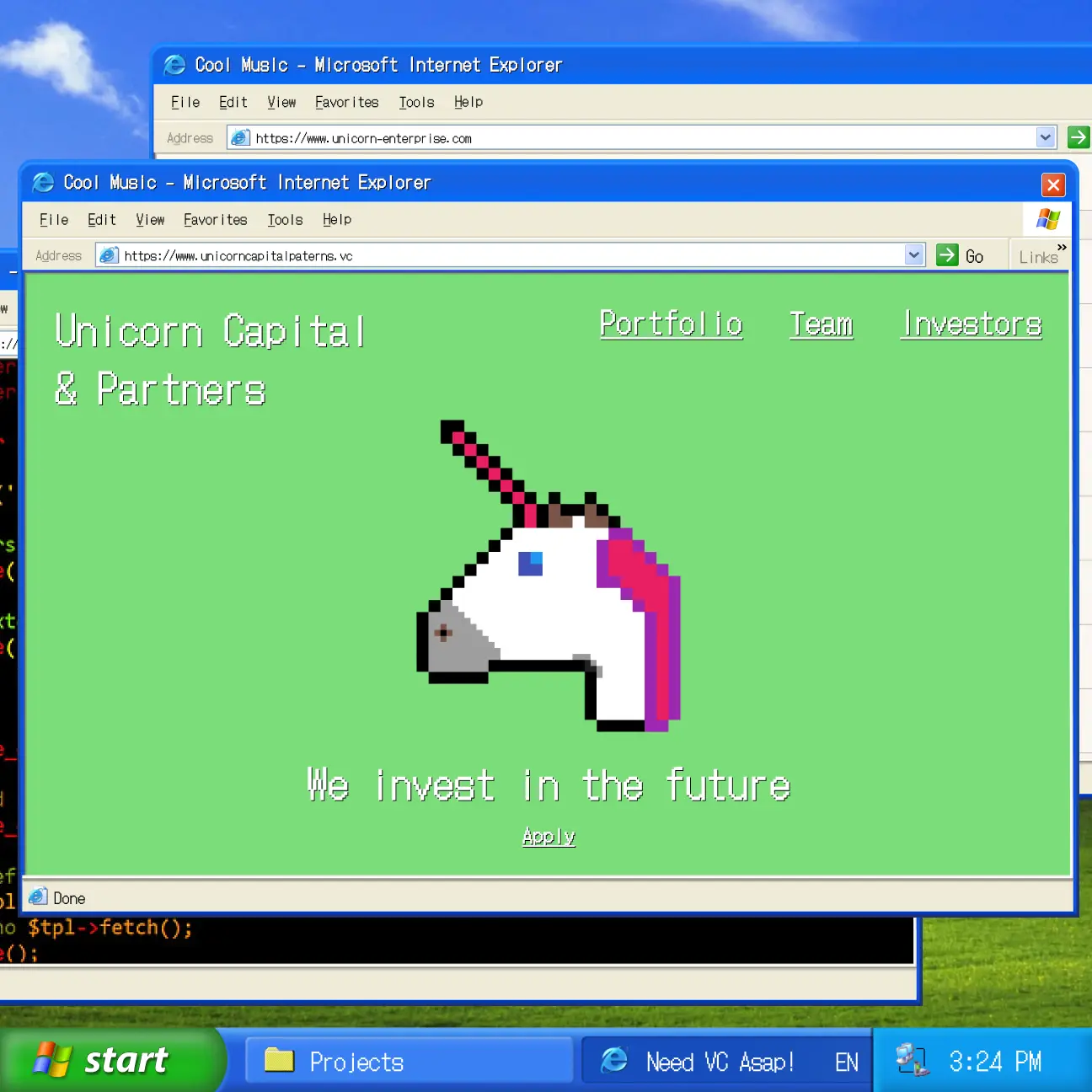 Retro Windows desktop displaying a pixelated unicorn website for Unicorn Capital & Partners with navigation links and slogan 'We invest in the future'.