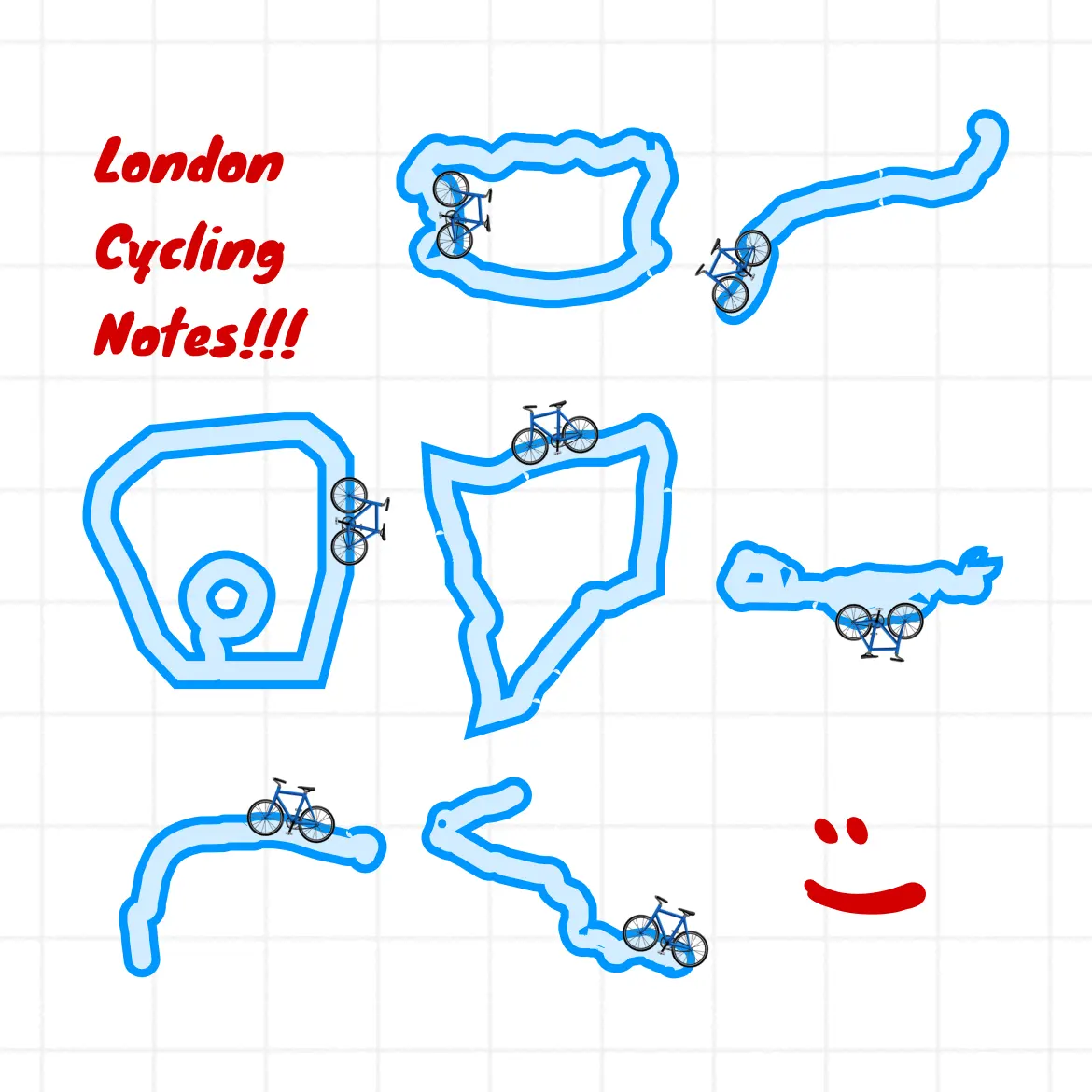 Hand-drawn blue cycling routes with small bicycles on each and red text saying 'London Cycling Notes!!!' alongside a red smiley face.