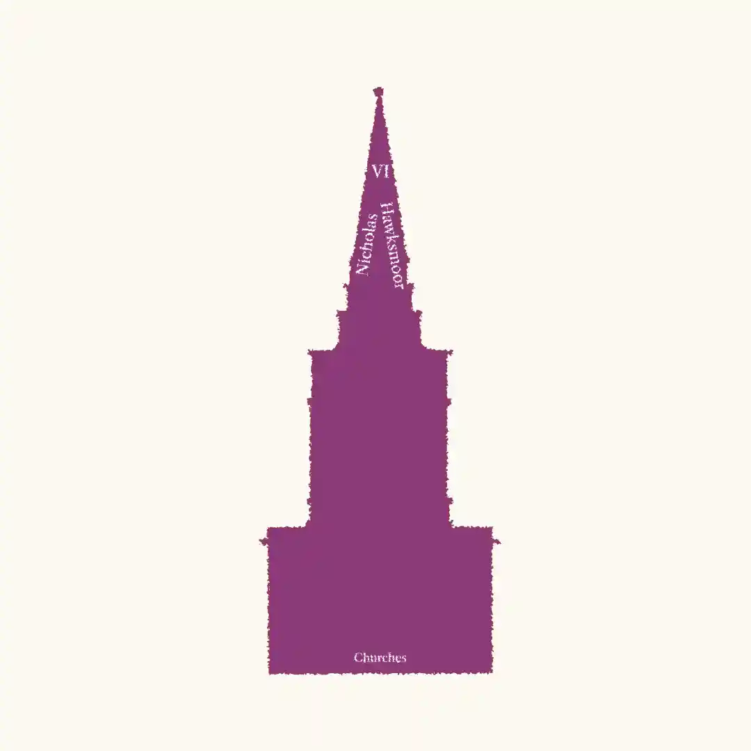 Purple silhouette of a church steeple labeled with 'VI' near the top, 'Nicholas Hawksmoor' along the spire, and 'Churches' at the base.