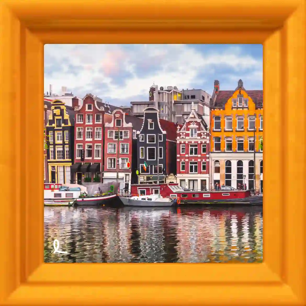 Colorful narrow Dutch buildings along a canal with boats moored in front, framed by an orange window frame.