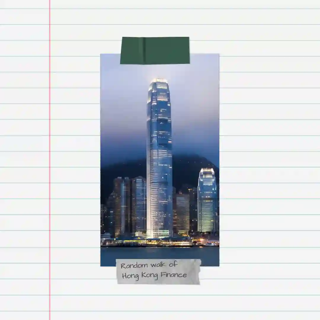 Night view of illuminated skyscrapers including International Finance Centre tower in Hong Kong, taped on lined notebook paper.