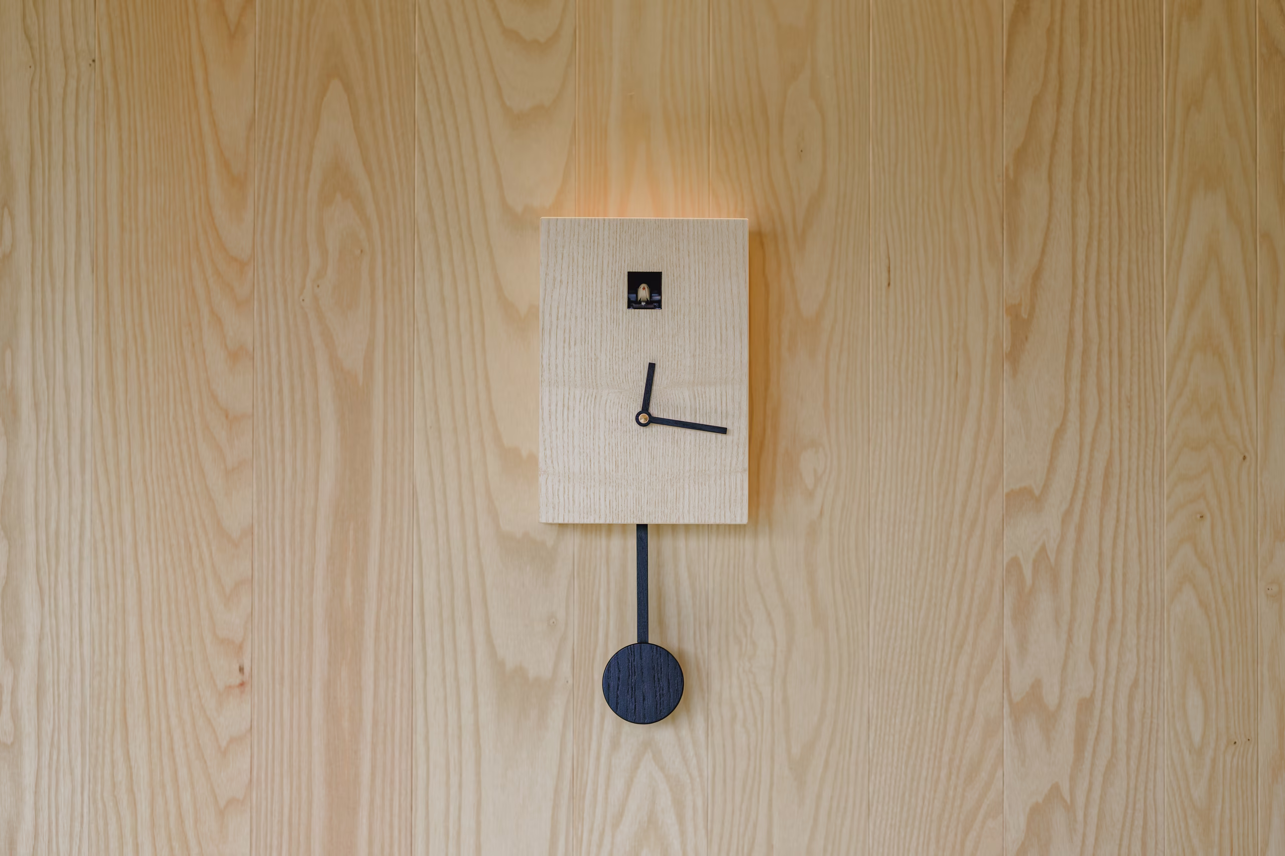 Minimalistische Design-Wanduhr an einer Naturholzwand, ein schlichtes Dekordetail, das den Lebensstil und modernen Komfort in einer mobilen SNUUG-Suite in der Schweiz veranschaulicht.