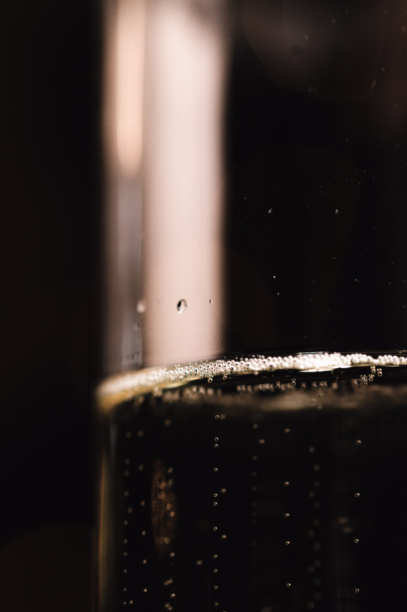 Gros plan sur des bulles de champagne dans une flûte, symbole de l'accueil haut de gamme et du raffinement 4 étoiles chez SNUUG en Suisse.