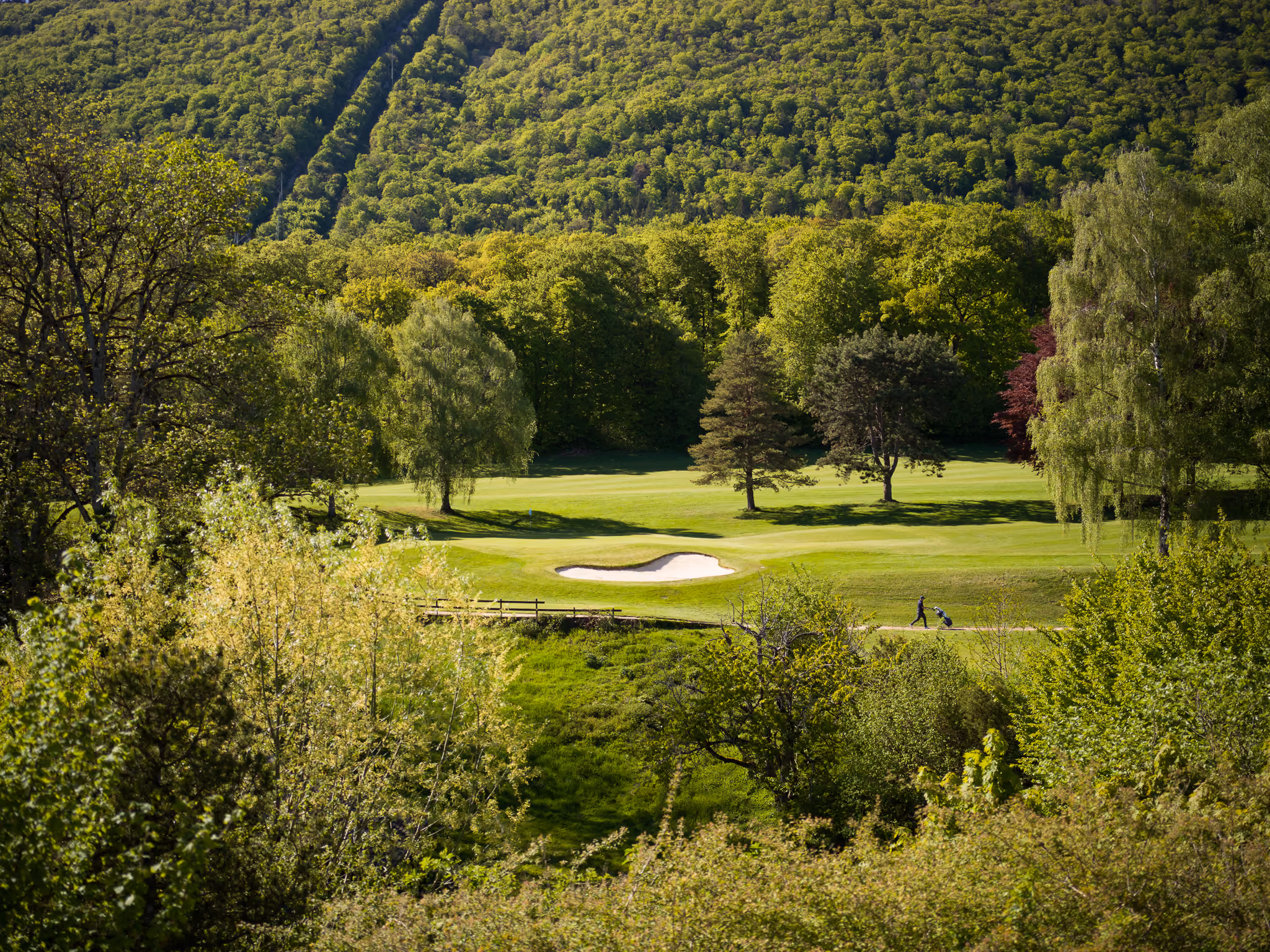 Vista panoramica di un campo da golf effimero SNUUG in Svizzera, che integra l'eco-responsabilità nell'alta hotellerie nel cuore della natura.